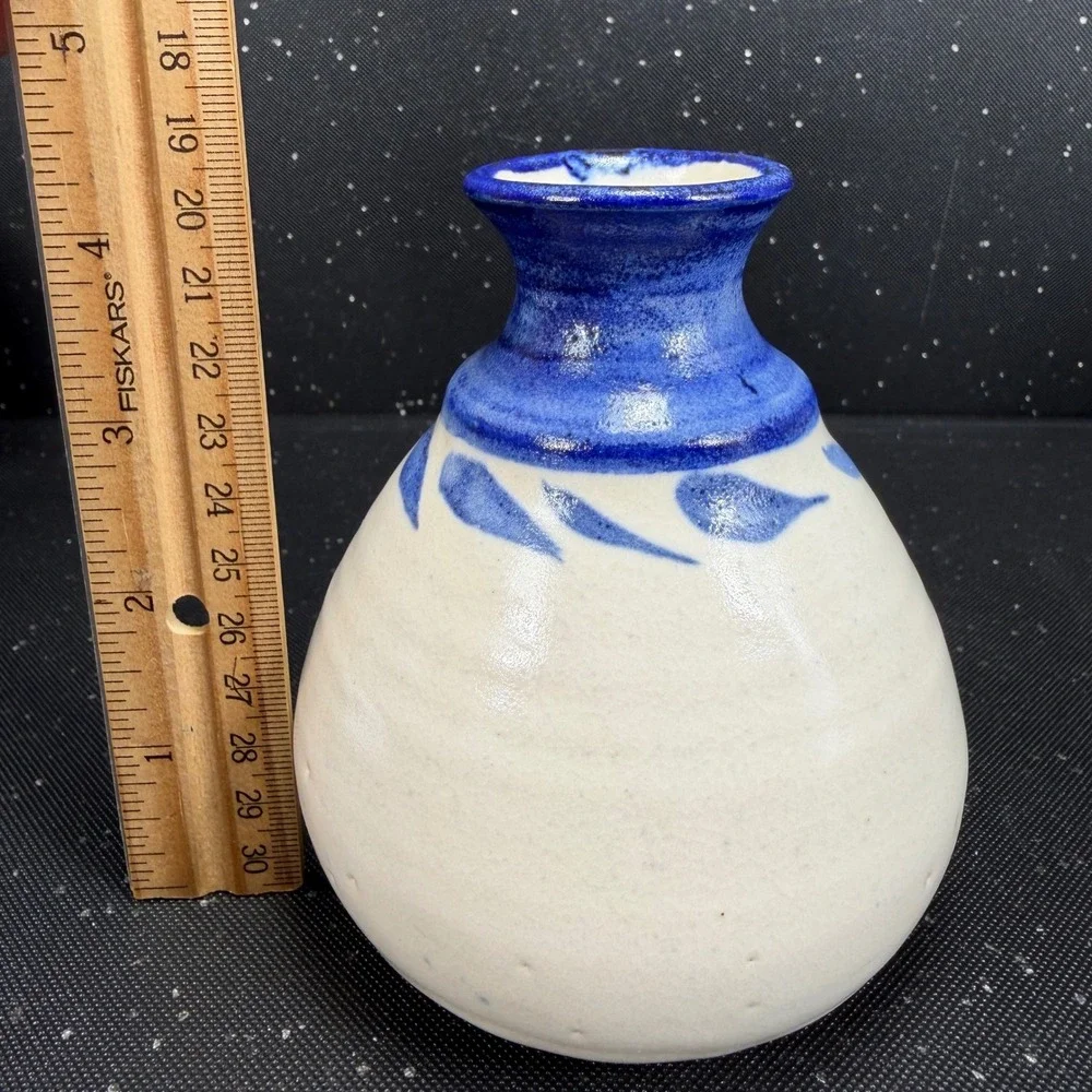 Hagist Studio Pottery Bud Vase Blue White Stoneware Signed 4.5in Small Vessel